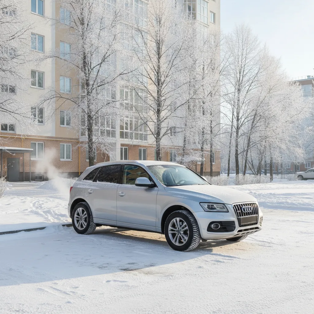 Зимнее утро, автомобиль прогревается с автозапуска на парковке у дома