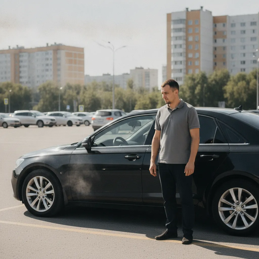 Автомобиль с работающим двигателем и заблокированными дверями на городской парковке